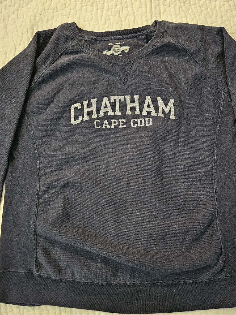 Champion Navy Wide Crewneck Sweatshirt with Light Gray 'CHATHAM' Chest Print